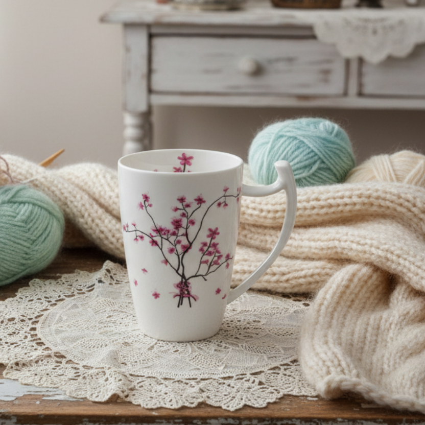 tealogic mega becher mit Blumenmuster auf einem Tisch, umgeben von Wolle und einem feinen Deckchen.