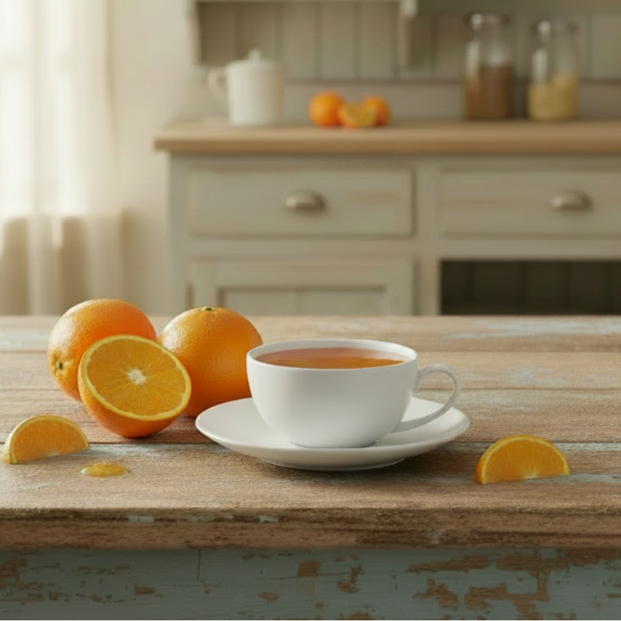 Tasse von TeaLogic mit Tee und frischen Orangen auf einem Holztisch im Hintergrund einer hellen Küche.