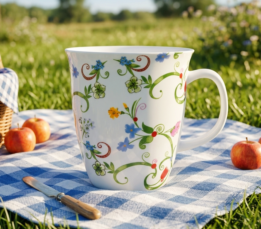 Tealogic Becher mit buntem Blumenmuster auf einer Picknickdecke im Grünen.