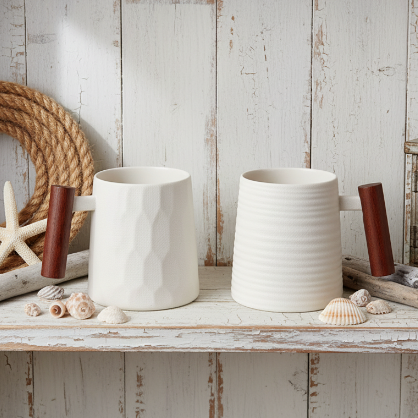 TeaLogic holz Teetassen mit eleganten Holzgriffen und modernem Design auf einem Holzregal.