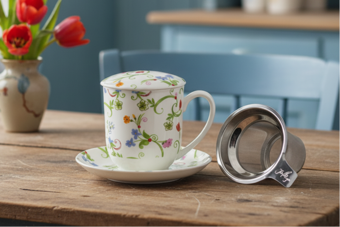 Elegante Teetasse auf einem Holztablett, perfekt für Fleurette Teemischungen.