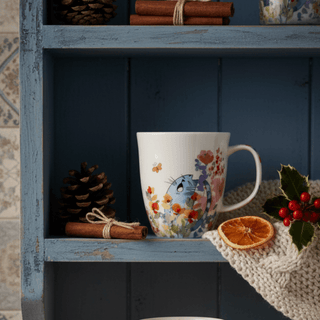 Fine Bone China Becher mit Katzendekor auf einem Regal, umgeben von Deko und Naturmaterialien.