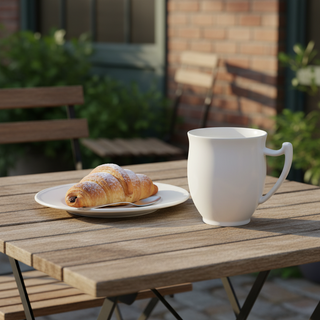 Epsilon Porzellan Becher 0,32 l neben einem Croissant auf einem Tisch im Freien.