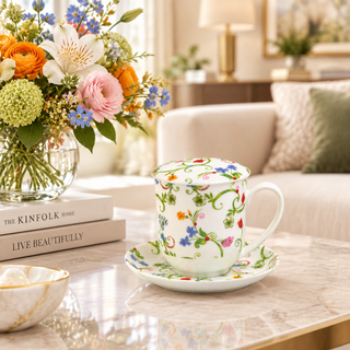 Fleurette Kräuterteetasse in einem Wohnzimmer mit prachtvollen Blumenstrauß.