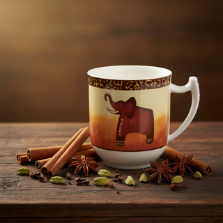 Fine Bone China Becher Burundi 0,4 l mit Elefantenmotiv und Gewürzen auf rustikalem Holz