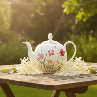 Bone China Teekanne Lotta 1,5 l dekoriert mit bunten Blumenarrangements auf einem Holztisch.