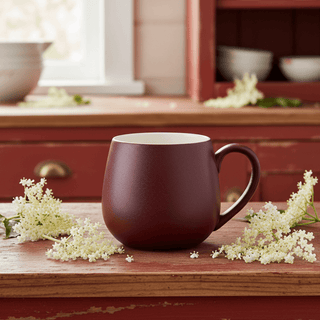 Porzellan Teebecher Dora 0,4 l in sattem Bordeauxrot auf einem Holztisch mit Blumen.